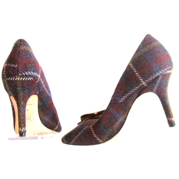 Designer Cole Haan Burgundy Tweed Plaid Bow/Brooch Pointed Toe Pumps 8.5 M - Picture 3 of 15